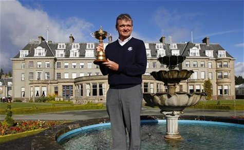 Europe Ryder Cup team golfer Paul Lawrie poses with the Ryder Cup during a photocall in front of the Gleneagles Hotel, the venue for the 201 Europe Ryder Cup team golfer Paul Lawrie poses with the Ryder Cup during a photocall in front of the Gleneagles Hotel, the venue for the 201