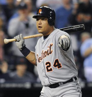 Detroit Tigers' Miguel Cabrera points to the first base umpire on a checked swing strike against the Kansas City Royals in the first inning Detroit Tigers' Miguel Cabrera points to the first base umpire on a checked swing strike against the Kansas City Royals in the first inning