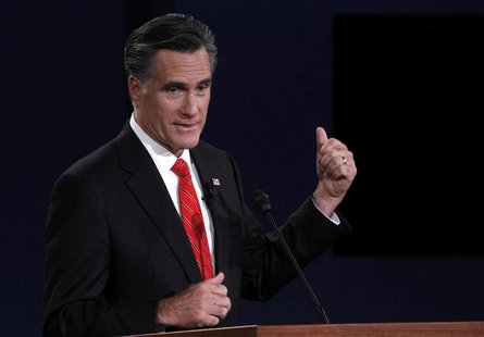 Republican presidential nominee Mitt Romney speaks during the first presidential debate with President Barack Obama (not pictured) in Denver Republican presidential nominee Mitt Romney speaks during the first presidential debate with President Barack Obama (not pictured) in Denver