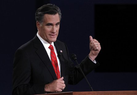 Republican presidential nominee Mitt Romney speaks during the first presidential debate with President Barack Obama (not pictured) in Denver Republican presidential nominee Mitt Romney speaks during the first presidential debate with President Barack Obama (not pictured) in Denver