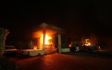 The U.S. Consulate in Benghazi is seen in flames during a protest by an armed group said to have been protesting a film being produced in th The U.S. Consulate in Benghazi is seen in flames during a protest by an armed group said to have been protesting a film being produced in th