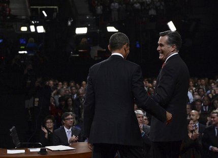 Republican presidential nominee Mitt Romney greets President Barack Obama at the end of the first 2012 U.S. presidential debate in Denver Oc Republican presidential nominee Mitt Romney greets President Barack Obama at the end of the first 2012 U.S. presidential debate in Denver Oc
