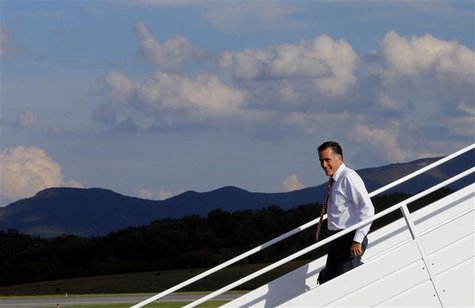 Republican presidential nominee Mitt Romney gets off his campaign plane at the airport in Weyers Cave, Virginia October 4, 2012. REUTERS/Bri Republican presidential nominee Mitt Romney gets off his campaign plane at the airport in Weyers Cave, Virginia October 4, 2012. REUTERS/Bri