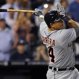 Detroit Tigers' 3B Miguel Cabrera fouls out on his first at-bat against the Kansas City Royals in the first inning in their MLB American League baseball game in Kansas City, Missouri October 3, 2012. 
REUTERS/Dave Kaup