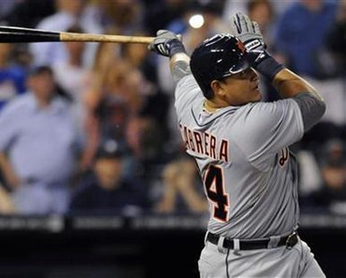 Detroit Tigers' 3B Miguel Cabrera fouls out on his first at-bat against the Kansas City Royals in the first inning in their MLB American League baseball game in Kansas City, Missouri October 3, 2012.
REUTERS/Dave Kaup Detroit Tigers' 3B Miguel Cabrera fouls out on his first at-bat against the Kansas City Royals in the first inning in their MLB American League baseball game in Kansas City, Missouri October 3, 2012.
REUTERS/Dave Kaup