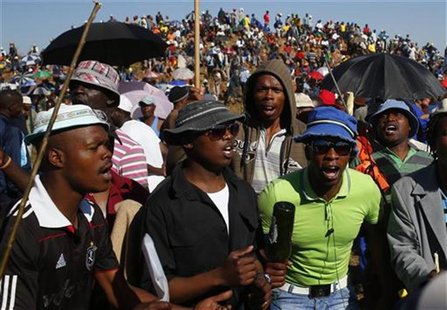 Striking miners evicted from company housing at a gold mine occupy a hill near the mine in Carltonville, west of Johannesburg October 2, 201 Striking miners evicted from company housing at a gold mine occupy a hill near the mine in Carltonville, west of Johannesburg October 2, 201