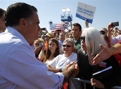 Republican presidential nominee Mitt Romney greets audience members at a campaign rally in Abingdon, Virginia October 5, 2012. REUTERS/Brian Republican presidential nominee Mitt Romney greets audience members at a campaign rally in Abingdon, Virginia October 5, 2012. REUTERS/Brian