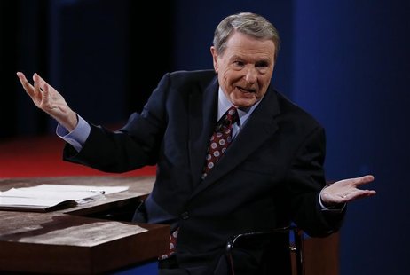 Moderator Jim Lehrer speaks to the audience at the start of the first presidential debate between President Barack Obama and Republican pres Moderator Jim Lehrer speaks to the audience at the start of the first presidential debate between President Barack Obama and Republican pres