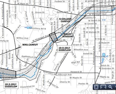 Double hatch areas represent sewage overflow areas. Single hatched area called "potential impact area" by health officials. Double hatch areas represent sewage overflow areas. Single hatched area called "potential impact area" by health officials.