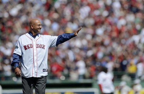 Former Boston Red Sox manager Terry Francona gestures to the crowd as he takes the field during the pre-game ceremony as Fenway Park commemo Former Boston Red Sox manager Terry Francona gestures to the crowd as he takes the field during the pre-game ceremony as Fenway Park commemo