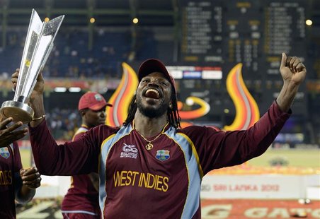 West Indies' Chris Gayle celebrates with the trophy after the West Indies defeated Sri Lanka in their World Twenty20 final cricket match at West Indies' Chris Gayle celebrates with the trophy after the West Indies defeated Sri Lanka in their World Twenty20 final cricket match at