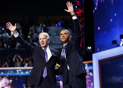 U.S. President Barack Obama (R) waves with Vice President Joe Biden after Obama accepted the 2012 U.S Democratic presidential nomination dur U.S. President Barack Obama (R) waves with Vice President Joe Biden after Obama accepted the 2012 U.S Democratic presidential nomination dur