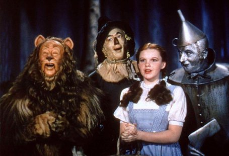 The main cast of the classic film "The Wizard of Oz" are shown in this undated publicity photograph. Shown (L-R) are the Cowardly Lion playe The main cast of the classic film "The Wizard of Oz" are shown in this undated publicity photograph. Shown (L-R) are the Cowardly Lion playe