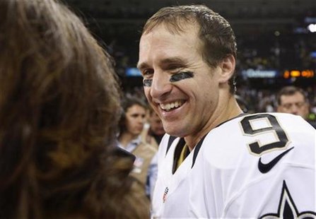 New Orleans Saints quarterback Drew Brees (9) smiles during an interview after winning their NFL football game in New Orleans, Louisiana Oct New Orleans Saints quarterback Drew Brees (9) smiles during an interview after winning their NFL football game in New Orleans, Louisiana Oct