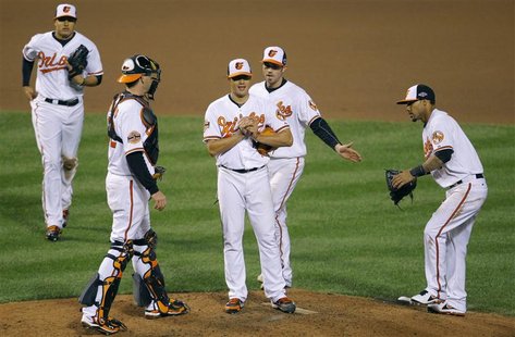 Baltimore Orioles starting pitcher Wei-Yin Chen is surrounded by his teammates as he waits to be relieved during the seventh inning against Baltimore Orioles starting pitcher Wei-Yin Chen is surrounded by his teammates as he waits to be relieved during the seventh inning against