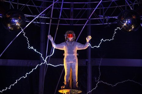 Magician David Blaine channels bolts of electricity from various tesla coils charged with one million volts of electricity during a stunt on Magician David Blaine channels bolts of electricity from various tesla coils charged with one million volts of electricity during a stunt on