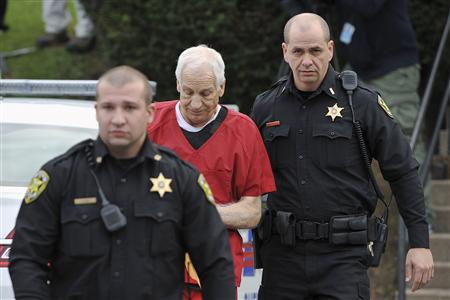 Former Penn State assistant football coach Jerry Sandusky arrives at the Centre County Courthouse for sentencing in his child sex abuse case in Bellefonte, Pennsylvania October 9, 2012. Credit: REUTERS/Pat Little Former Penn State assistant football coach Jerry Sandusky arrives at the Centre County Courthouse for sentencing in his child sex abuse case in Bellefonte, Pennsylvania October 9, 2012. Credit: REUTERS/Pat Little