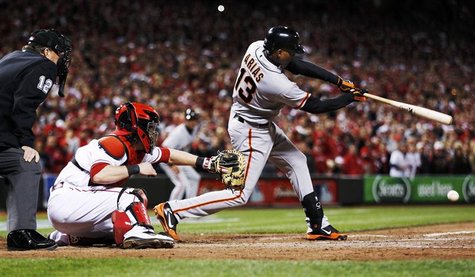 San Francisco Giants' Joaquin Arias hits the ball which caused fielding error by Cincinnati Reds Scott Rolen (not seen) allowing the Giants San Francisco Giants' Joaquin Arias hits the ball which caused fielding error by Cincinnati Reds Scott Rolen (not seen) allowing the Giants