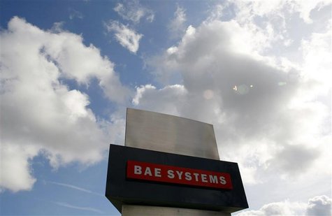 A BAE Systems sign is seen outside the company's Warton site near Preston, northern England, in this file picture taken October 1, 2009. GRE A BAE Systems sign is seen outside the company's Warton site near Preston, northern England, in this file picture taken October 1, 2009. GRE