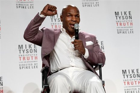 Former heavyweight champion Mike Tyson gestures as he talks about the Broadway debut of his one-man show "Mike Tyson: Undisputed Truth" duri Former heavyweight champion Mike Tyson gestures as he talks about the Broadway debut of his one-man show "Mike Tyson: Undisputed Truth" duri