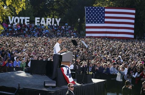 U.S. President Barack Obama speaks at a campaign event in The Oval at Ohio State University in Columbus, Ohio October 9, 2012, ending a thre U.S. President Barack Obama speaks at a campaign event in The Oval at Ohio State University in Columbus, Ohio October 9, 2012, ending a thre