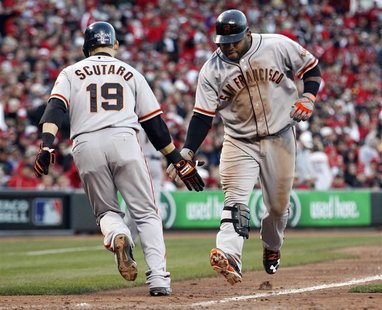 San Francisco Giants third baseman Pablo Sandoval (R) slaps hands with teammate Marco Scutaro after driving him home with a seventh inning t San Francisco Giants third baseman Pablo Sandoval (R) slaps hands with teammate Marco Scutaro after driving him home with a seventh inning t