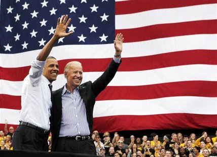 U.S. President Barack Obama and U.S. Vice President Joseph Biden attend a campaign event at the University of Iowa's Jessup Hall Lawn in Iow U.S. President Barack Obama and U.S. Vice President Joseph Biden attend a campaign event at the University of Iowa's Jessup Hall Lawn in Iow