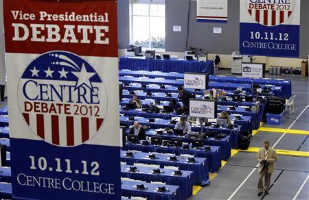 Members of the media work on the Centre College campus before the vice-presidential debate in Danville, Kentucky October 10, 2012. U.S. vice presidential debates usually don't matter much, but the October 11 showdown between Democratic incumbent Joe Biden and Republican challenger Paul Ryan could be an exception. REUTERS/Matt Sullivan Members of the media work on the Centre College campus before the vice-presidential debate in Danville, Kentucky October 10, 2012. U.S. vice presidential debates usually don't matter much, but the October 11 showdown between Democratic incumbent Joe Biden and Republican challenger Paul Ryan could be an exception. REUTERS/Matt Sullivan