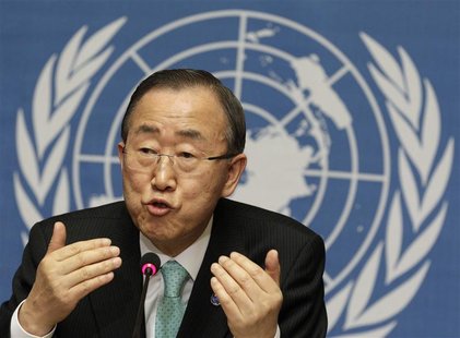 U.N. Secretary-General Ban Ki-moon addresses a news conference at the United Nations in Geneva April 12, 2012. REUTERS/Denis Balibouse U.N. Secretary-General Ban Ki-moon addresses a news conference at the United Nations in Geneva April 12, 2012. REUTERS/Denis Balibouse