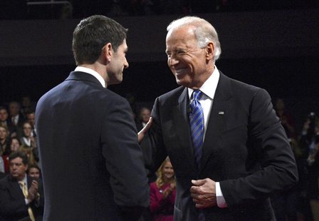U.S. Vice President Joe Biden (R) and Republican vice presidential nominee Paul Ryan shake hands at the conclusion of the vice presidential U.S. Vice President Joe Biden (R) and Republican vice presidential nominee Paul Ryan shake hands at the conclusion of the vice presidential