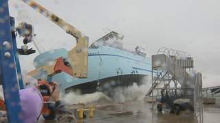 The R/V Sikuliaq is christened and launched from Marinette Marine Company's shipyard on Saturday, October 13, 2012. (courtesy of FOX 11). The R/V Sikuliaq is christened and launched from Marinette Marine Company's shipyard on Saturday, October 13, 2012. (courtesy of FOX 11).