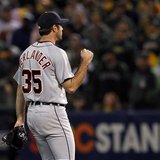 Detroit Tigers' Justin Verlander reacts after the third out against the Oakland Athletics during the eighth inning of Game 5 in their MLB AL Detroit Tigers' Justin Verlander reacts after the third out against the Oakland Athletics during the eighth inning of Game 5 in their MLB AL