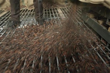 A worker unloads cocoa beans from a sack to be processed at PT Bumitangerang Mesindotama, Indonesia's third largest cocoa's grinder in Tange A worker unloads cocoa beans from a sack to be processed at PT Bumitangerang Mesindotama, Indonesia's third largest cocoa's grinder in Tange