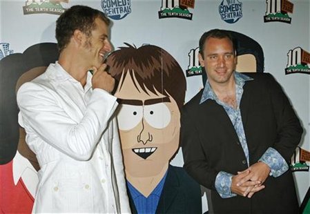 Matt Stone (L) and Trey Parker, creators of the television animated series "South Park", arrive for the South Park The Tenth Season party in Matt Stone (L) and Trey Parker, creators of the television animated series "South Park", arrive for the South Park The Tenth Season party in