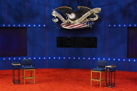 Two chairs that will be used by U.S. President Barack Obama and Republican presidential nominee Mitt Romney sit empty during preparations fo Two chairs that will be used by U.S. President Barack Obama and Republican presidential nominee Mitt Romney sit empty during preparations fo