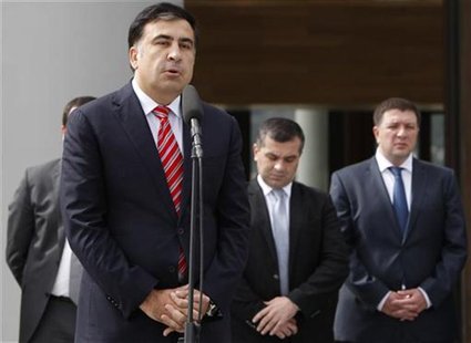 Georgia's President Mikheil Saakashvili speaks to the media after his meeting with Bidzina Ivanishvili, prime minister nominee and Georgian Georgia's President Mikheil Saakashvili speaks to the media after his meeting with Bidzina Ivanishvili, prime minister nominee and Georgian