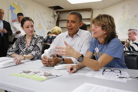 U.S. President Barack Obama (C) jokes about a telephone with campaign volunteers Alexa Kissinger (L) and Suzanne Stern as he makes calls fro U.S. President Barack Obama (C) jokes about a telephone with campaign volunteers Alexa Kissinger (L) and Suzanne Stern as he makes calls fro