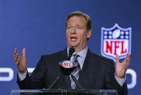 NFL Commissioner Roger Goodell speaks at a news conference before the Super Bowl XLVI NFL football game in Indianapolis, Indiana February 3, NFL Commissioner Roger Goodell speaks at a news conference before the Super Bowl XLVI NFL football game in Indianapolis, Indiana February 3,