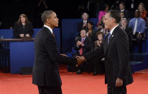 U.S. Republican presidential nominee Mitt Romney (R) shakes hands with President Barack Obama at the conclusion of the U.S. Republican presi U.S. Republican presidential nominee Mitt Romney (R) shakes hands with President Barack Obama at the conclusion of the U.S. Republican presi