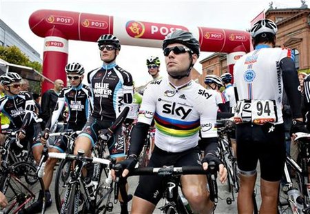Team Sky's Mark Cavendish looks on before the first stage of Tour of Denmark in Randers August 22, 2012. REUTERS/Henning Bagger/Scanpix Denm Team Sky's Mark Cavendish looks on before the first stage of Tour of Denmark in Randers August 22, 2012. REUTERS/Henning Bagger/Scanpix Denm