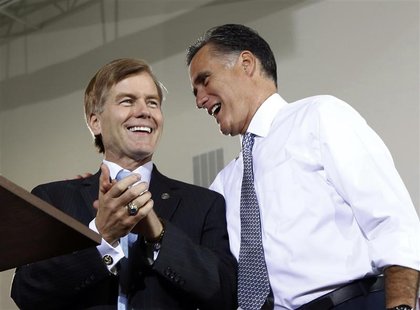 U.S. Republican presidential candidate Mitt Romney speaks to Virginia Governor Bob McDonnell (L) at an election rally in Sterling, Virginia, U.S. Republican presidential candidate Mitt Romney speaks to Virginia Governor Bob McDonnell (L) at an election rally in Sterling, Virginia,
