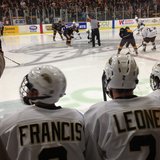 Western Michigan hockey players Robert Francis and Mike Leone look on as the puck drops against the Canisius Golden Griffins Saturday 10/20/2012 at Lawson Ice Arena