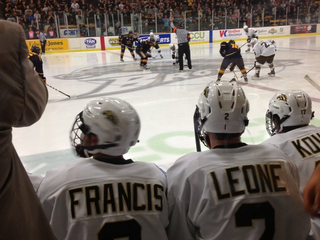 Western Michigan hockey players Robert Francis and Mike Leone look on as the puck drops against the Canisius Golden Griffins Saturday 10/20/2012 at Lawson Ice Arena