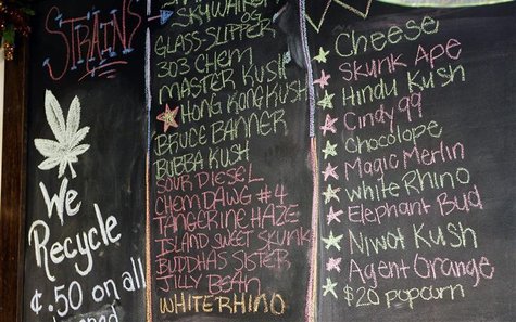The current varieties of marijuana available for sale are seen written on a chalkboard at a medical marijuana center in Denver April 2, 2012 The current varieties of marijuana available for sale are seen written on a chalkboard at a medical marijuana center in Denver April 2, 2012