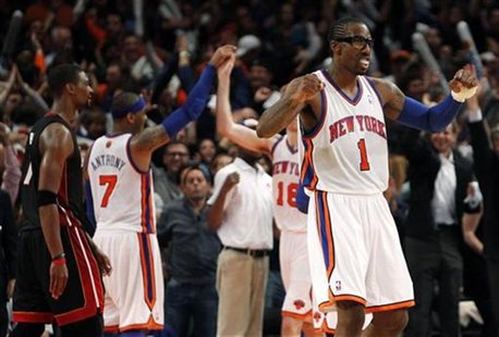 New York Knicks' Amar'e Stoudemire (1) celebrates after the Knicks defeated the Miami Heat in Game 4 of their NBA Eastern Conference basketb New York Knicks' Amar'e Stoudemire (1) celebrates after the Knicks defeated the Miami Heat in Game 4 of their NBA Eastern Conference basketb