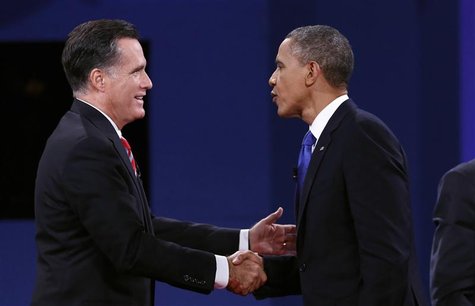 U.S. President Barack Obama (R) and Republican Presidential nominee Mitt Romney shake hands at the conclusion of the final presidential deba U.S. President Barack Obama (R) and Republican Presidential nominee Mitt Romney shake hands at the conclusion of the final presidential deba