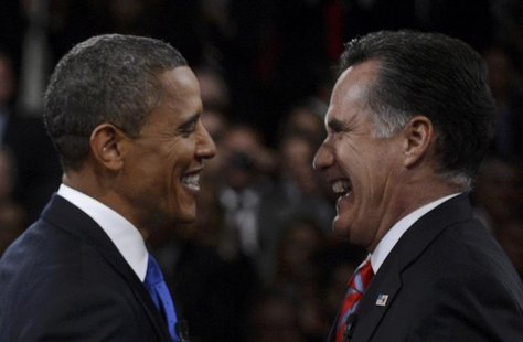 U.S. President Barack Obama (L) greets Republican presidential nominee Mitt Romney following the final U.S. presidential debate in Boca Rato U.S. President Barack Obama (L) greets Republican presidential nominee Mitt Romney following the final U.S. presidential debate in Boca Rato