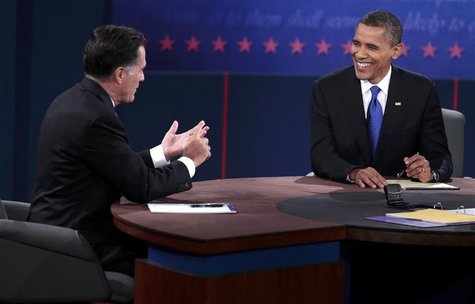 U.S. Republican presidential nominee Mitt Romney (L) makes a point as U.S. President Barack Obama smiles during the final U.S. presidential U.S. Republican presidential nominee Mitt Romney (L) makes a point as U.S. President Barack Obama smiles during the final U.S. presidential