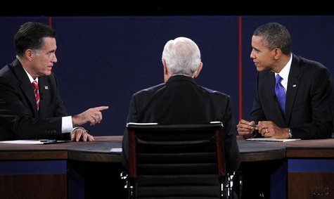 U.S. Republican presidential nominee Mitt Romney (L) makes a point while answering a question from moderator Bob Schieffer (C) as U.S. Presi U.S. Republican presidential nominee Mitt Romney (L) makes a point while answering a question from moderator Bob Schieffer (C) as U.S. Presi