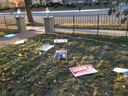 Campaign yard signs damaged (courtesy of watchdog.org). Campaign yard signs damaged (courtesy of watchdog.org).